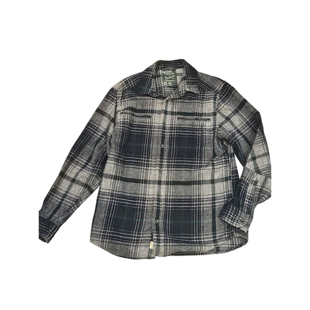 Woolrich organic cotton thick flannel shirt blue gray mens medium cabincore